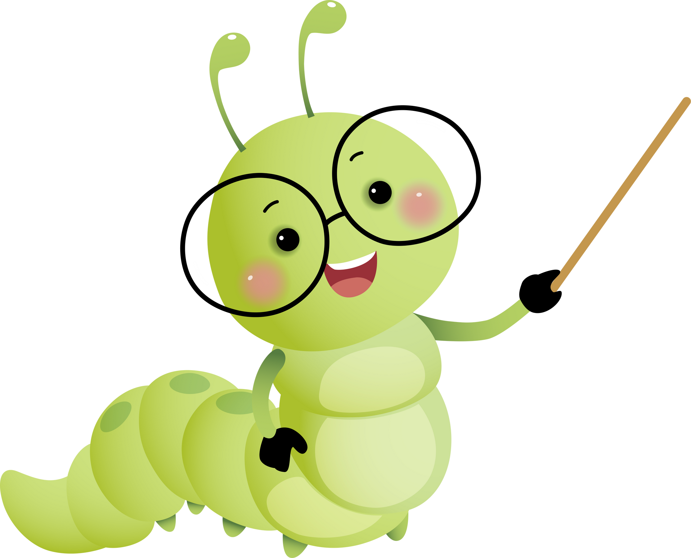 Cartoon caterpillar teacher wearing glasses and holding poin